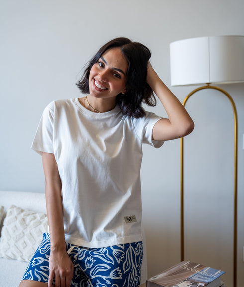 Women Summer Pajama set Off White T-shirt + Dark Blue Flowers Shorts